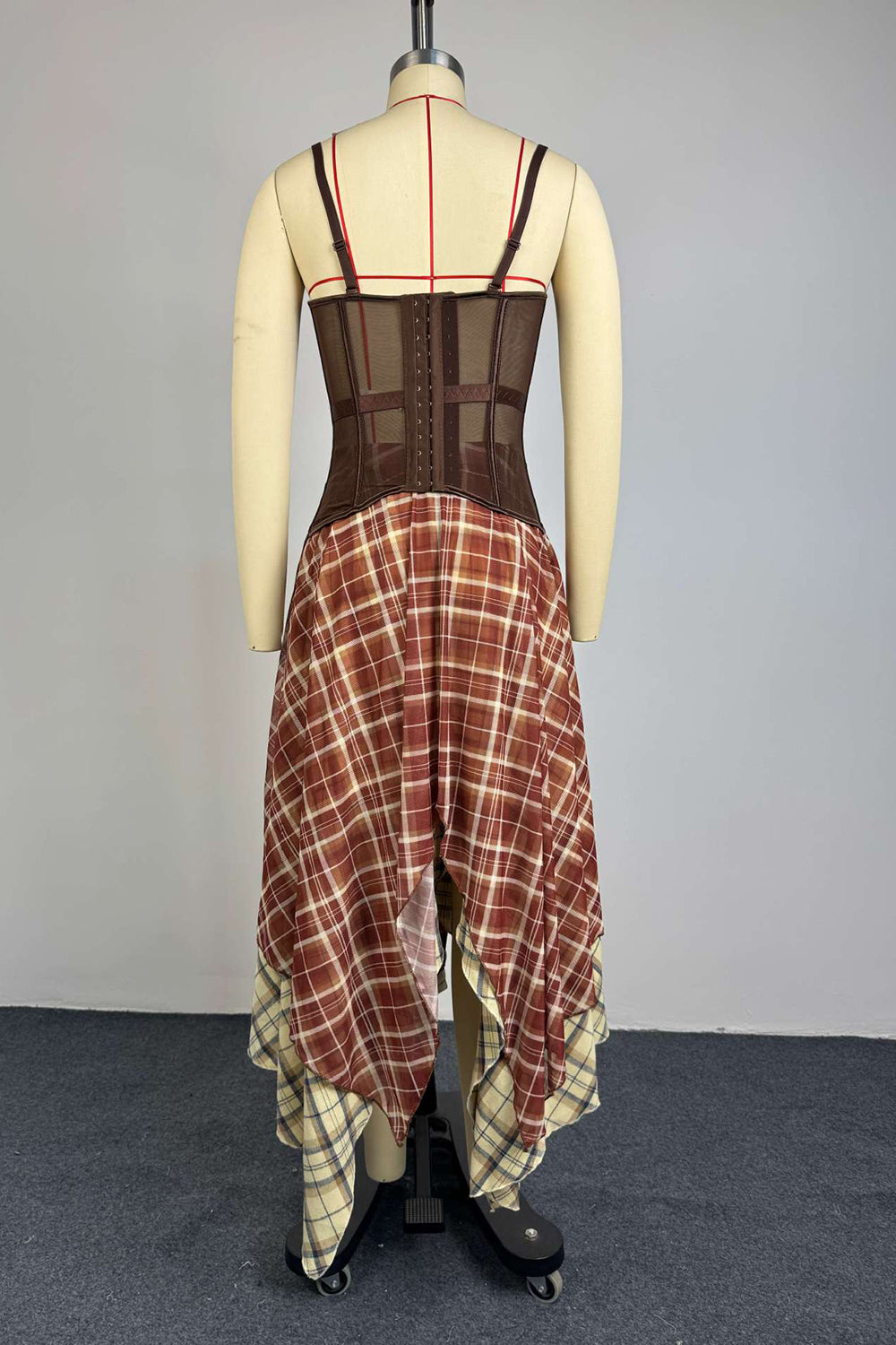 Mesh Cami Corset Plaid Print Irregular Hem Maxi Skirt Casual 2pcs Set-Brown