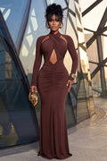 Plain Crossover Cutout Long Sleeve Ruched Bodycon Gowns Maxi Dresses-Brown