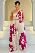 Floral One Shoulder Top Wide Leg Pants Linen 2pcs Set-Fuchsia