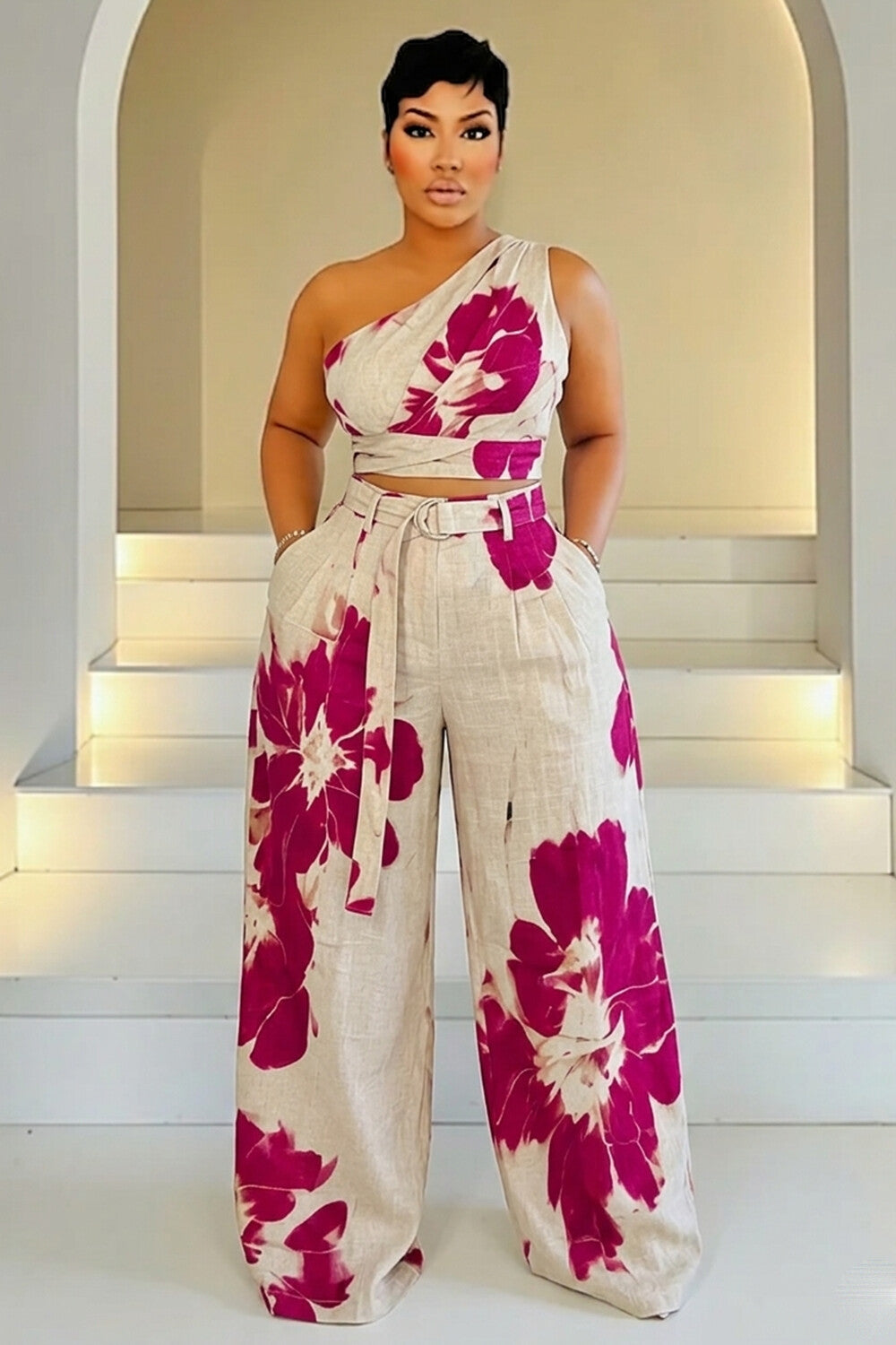 Floral One Shoulder Top Wide Leg Pants Linen 2pcs Set-Fuchsia