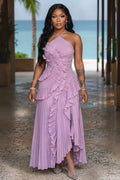 Halter Neck Pleated Irregular Hem Slit Vacation Maxi Dresses-Purple