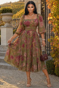 Square Neck 3/4 Sleeve Floral Cinch Waist Midi Dresses-Olive