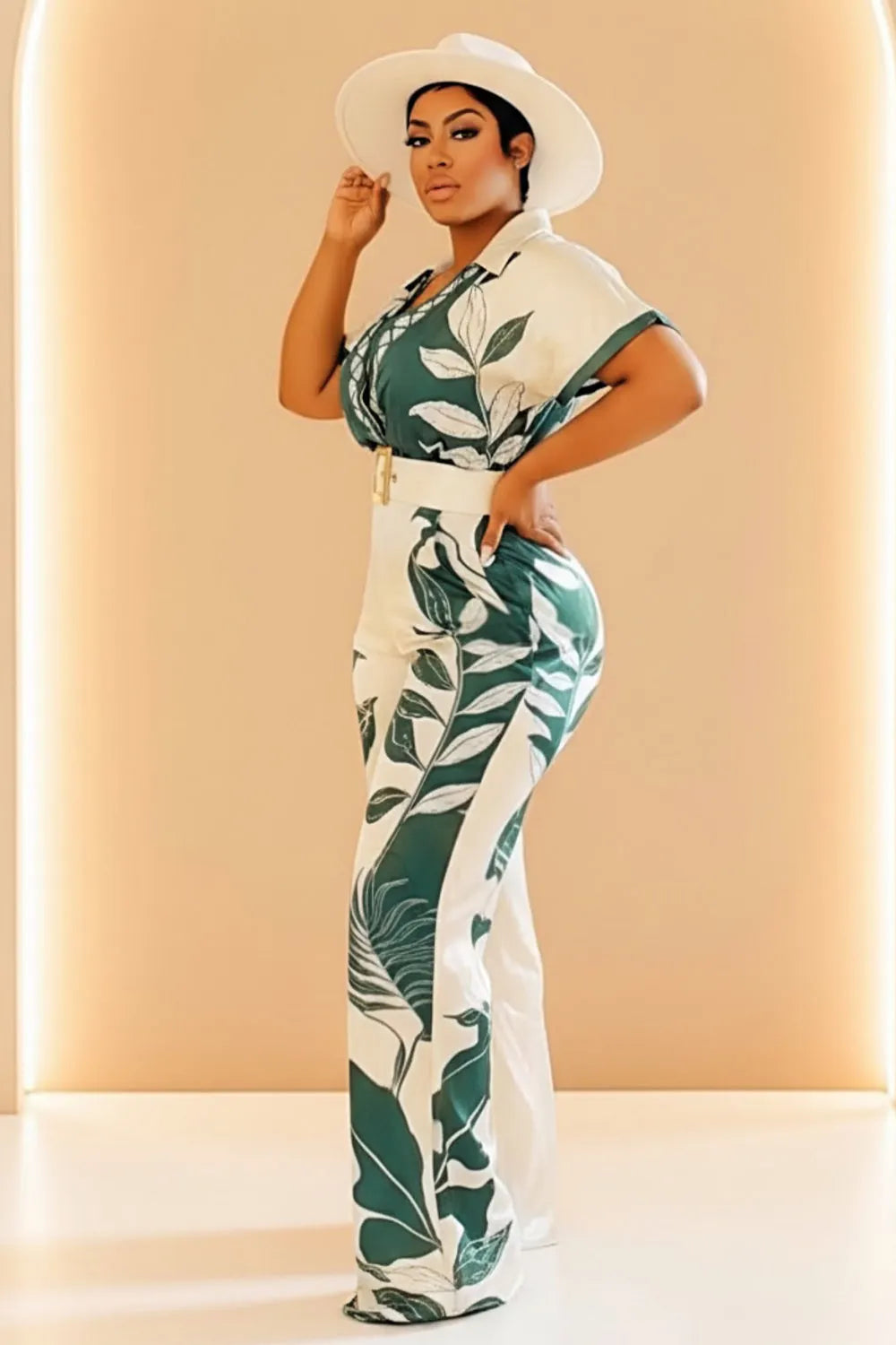 Collar Short Sleeve Leaf Print Vacation Jumpsuit-Green