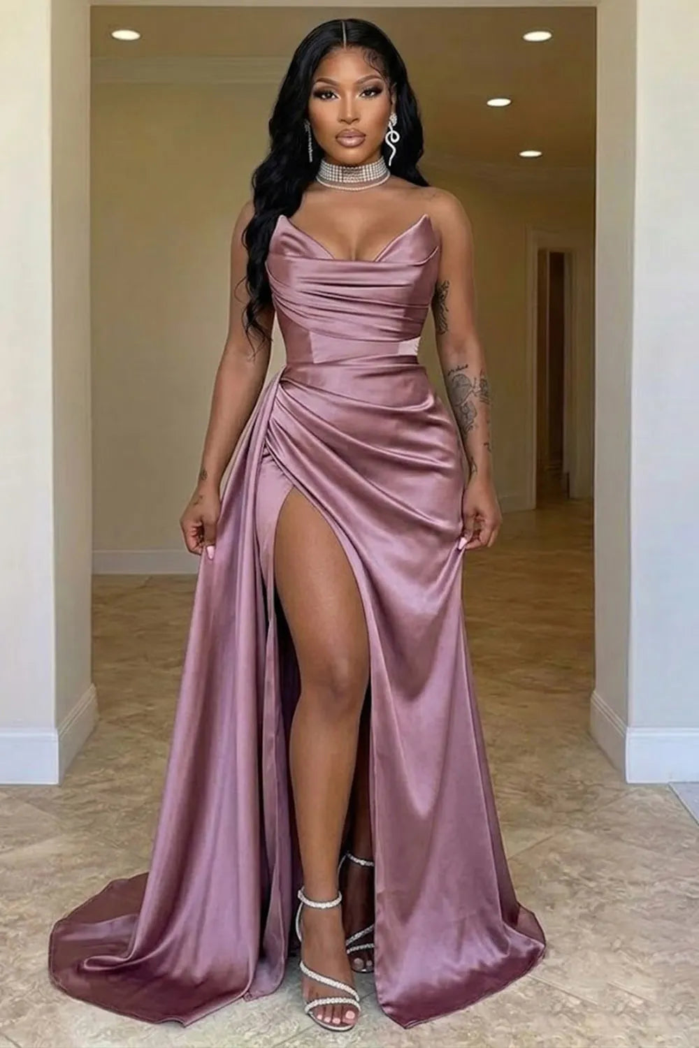 Strapless Draped Cinch Waist High Slit Satin Evening Gowns Maxi Dresses-Champagne