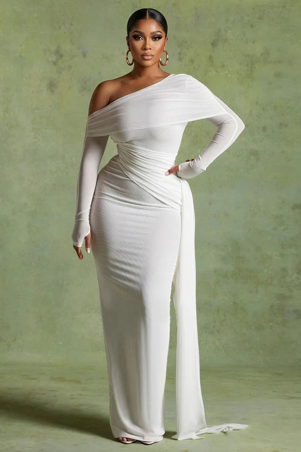 Off Shoulder Ruched Long Streamer Slim Wedding Maxi Dresses-White