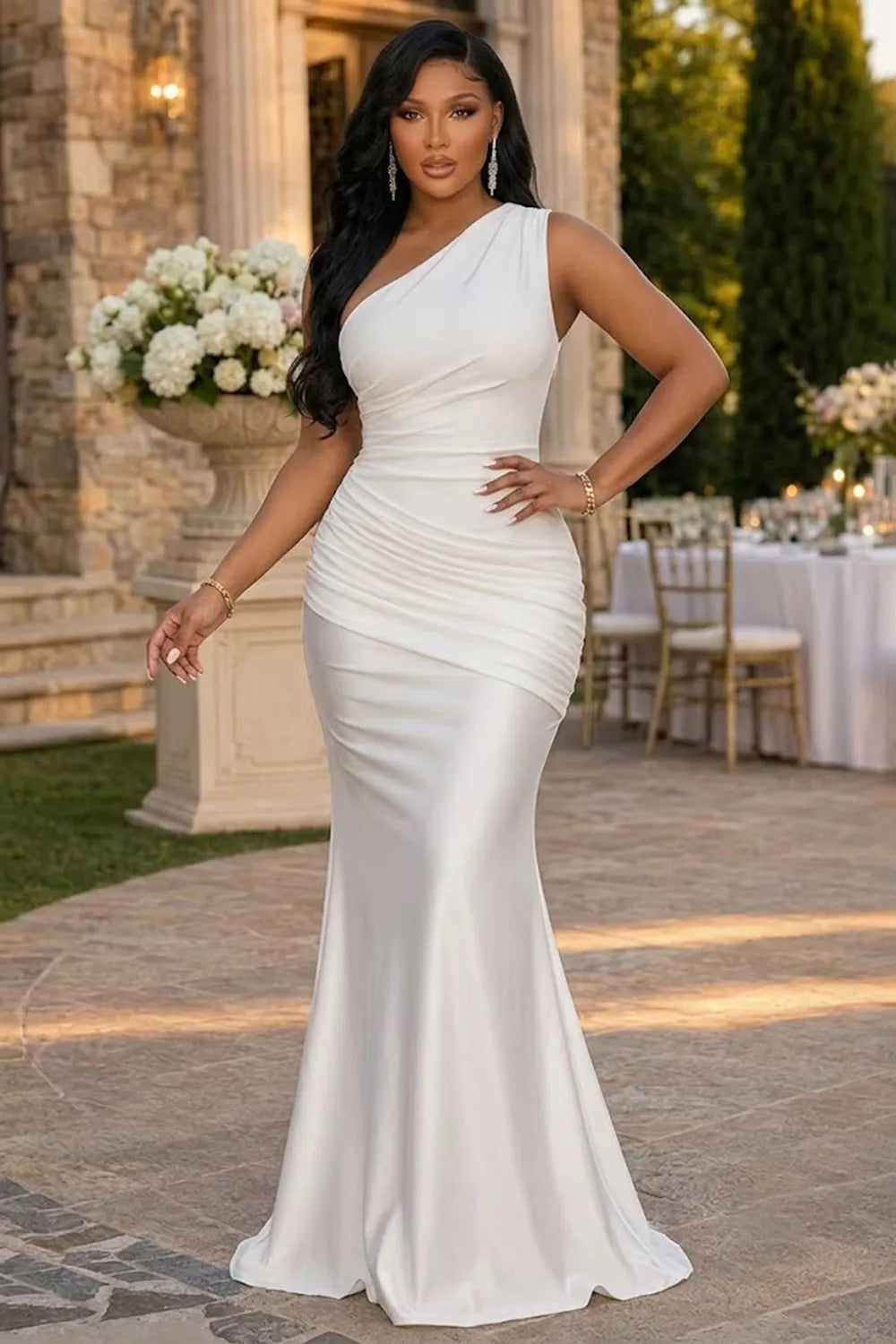 Oblique Collar One Shoulder Ruched Satin Slim Fit Maxi Dresses-White