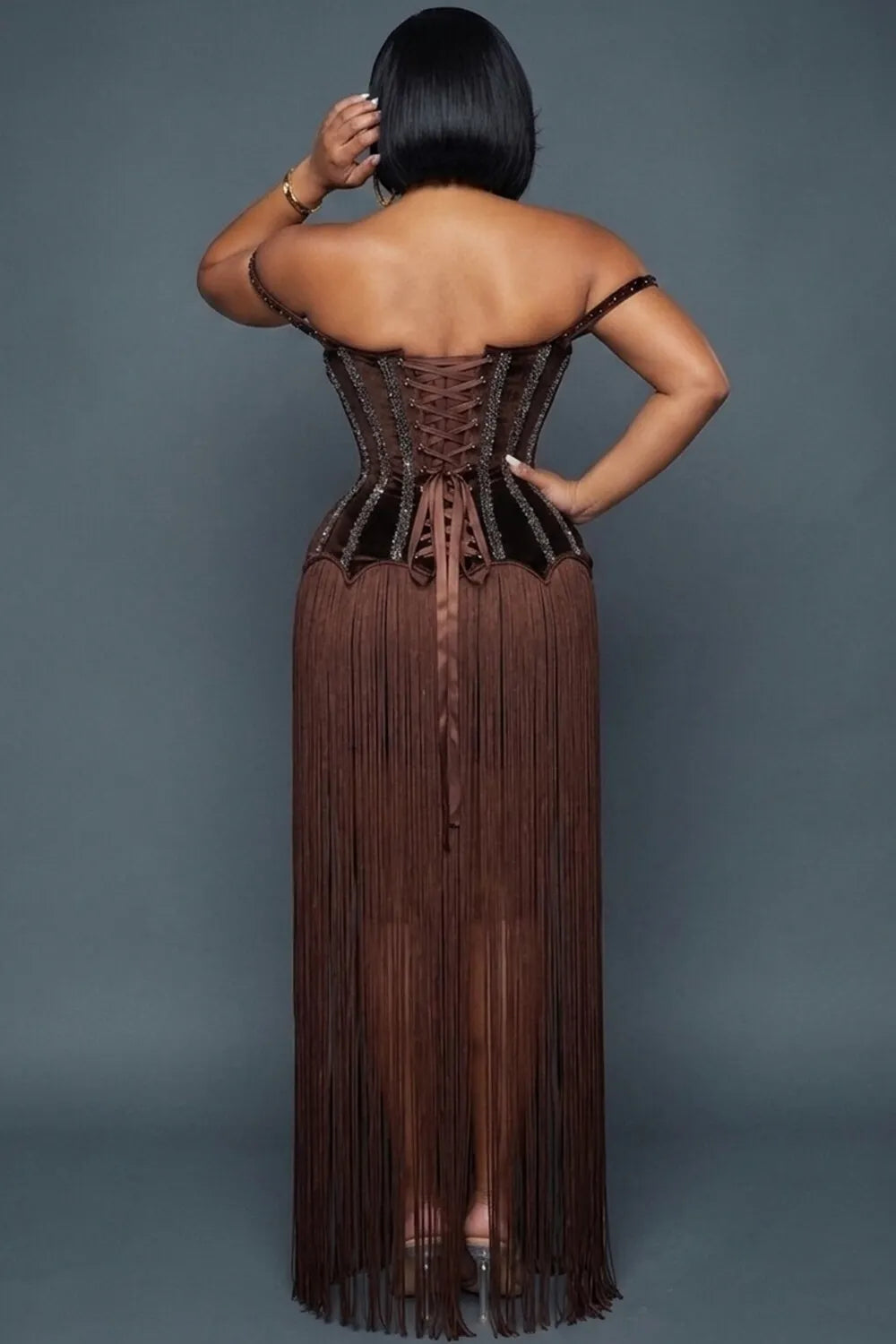 Off Shoulder Rhinestone Fringe Hem Lace-Up Maxi Dresses-Brown