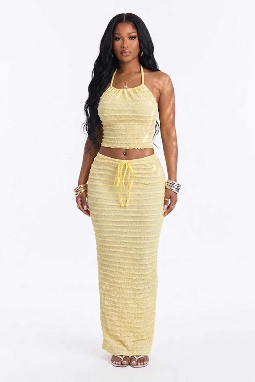 Smocked Texture Halter Neck Crop Top Maxi Skirt Vacation 2pcs Set-Yellow
