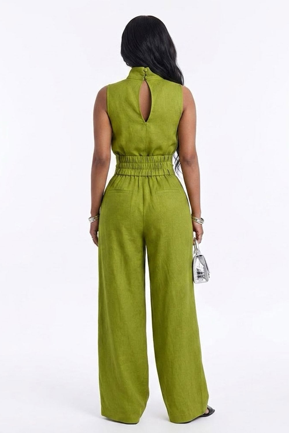 High Neck Sleeveless Top High Wasit Wide Leg Pants Casual 2pcs Set-Green