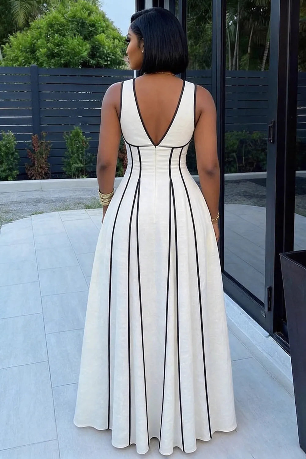 Deep V Neck Tie Ruffle Trim Hem Casual Maxi Dresses-White