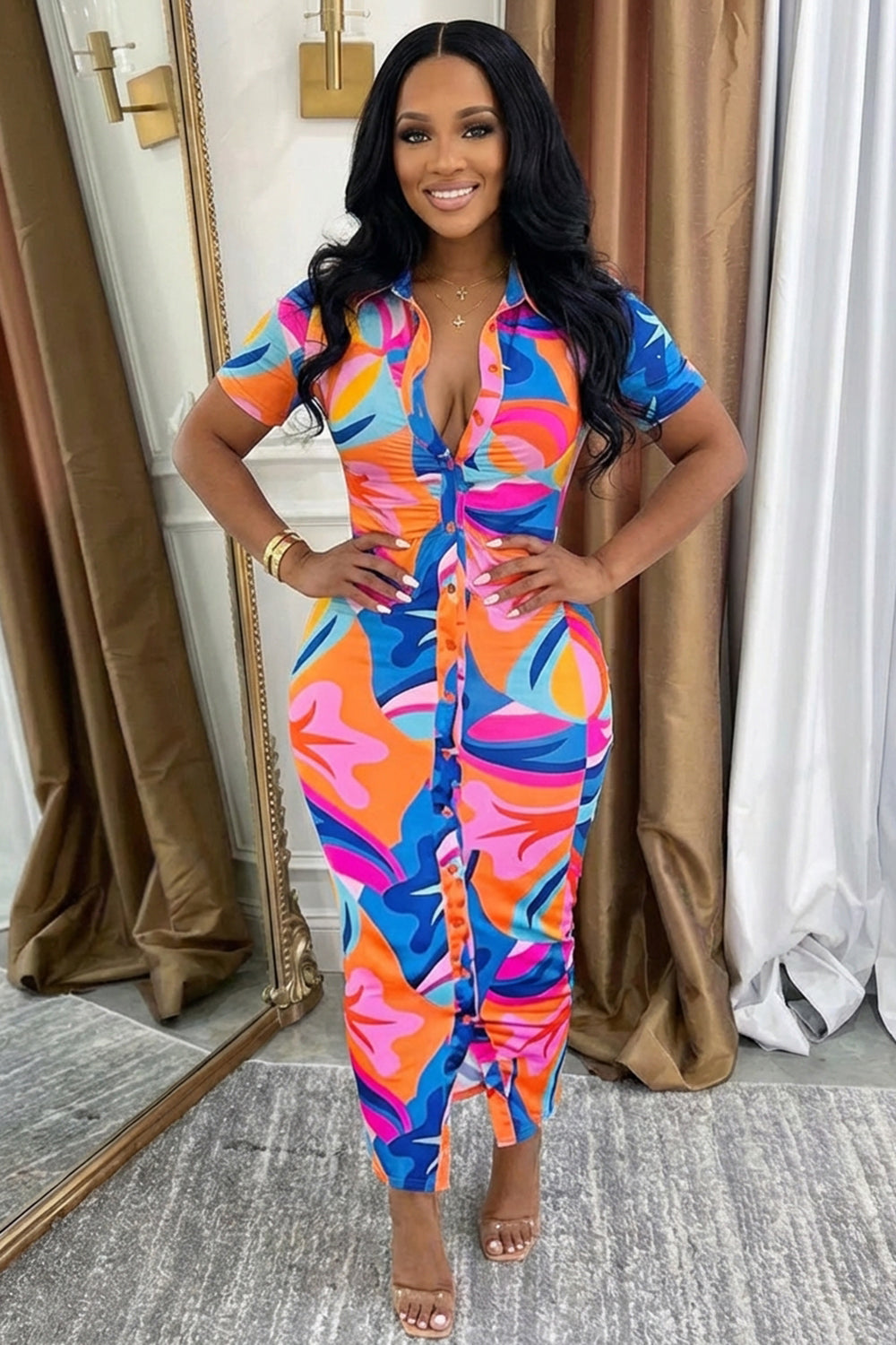 Collar Short Sleeve Colorblock Maxi Dresses