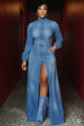 Mock Neck Bell Sleeve Quilted High Slit Denim Maxi Dresses-Blue