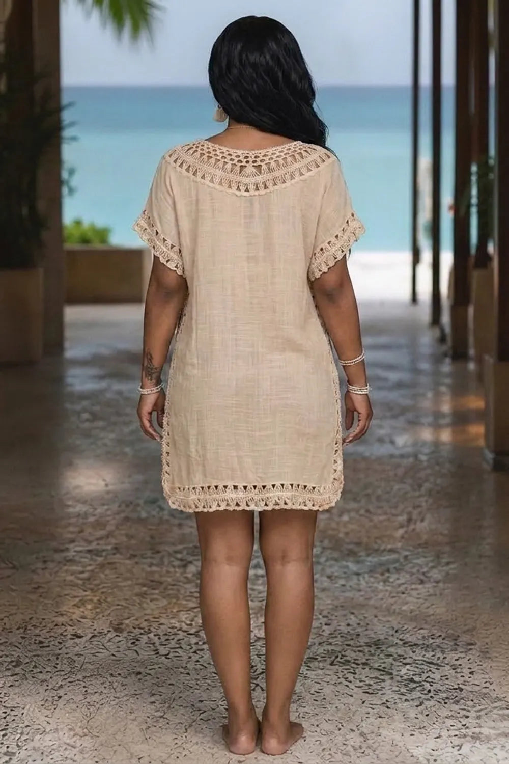 Solid Color Crochet Hollow-Out Semi-Sheer Loose Fit Cover-Up Blouse-Apricot