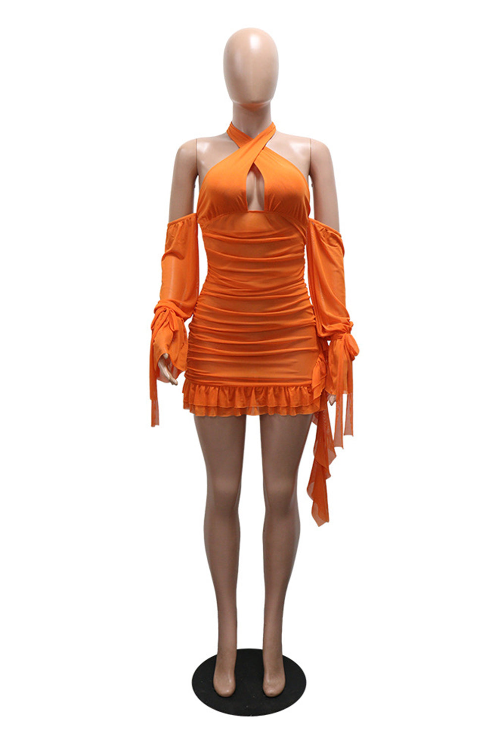 Halter Neck See Through Mesh Backless Side Sash Slim Fit Mini Dresses-Orange