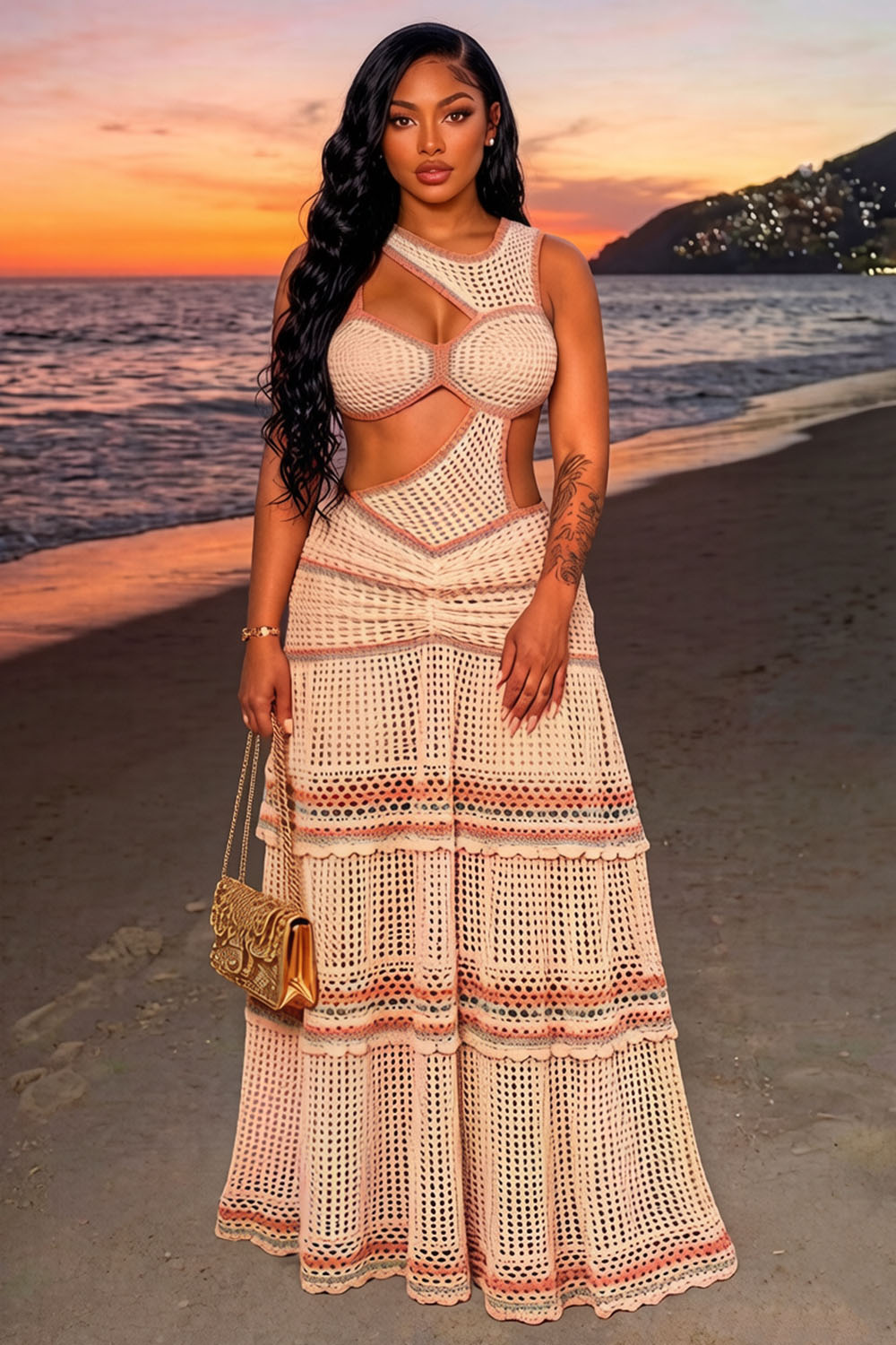 Cut Out Sleeveless Tiered Vacation Maxi Dresses