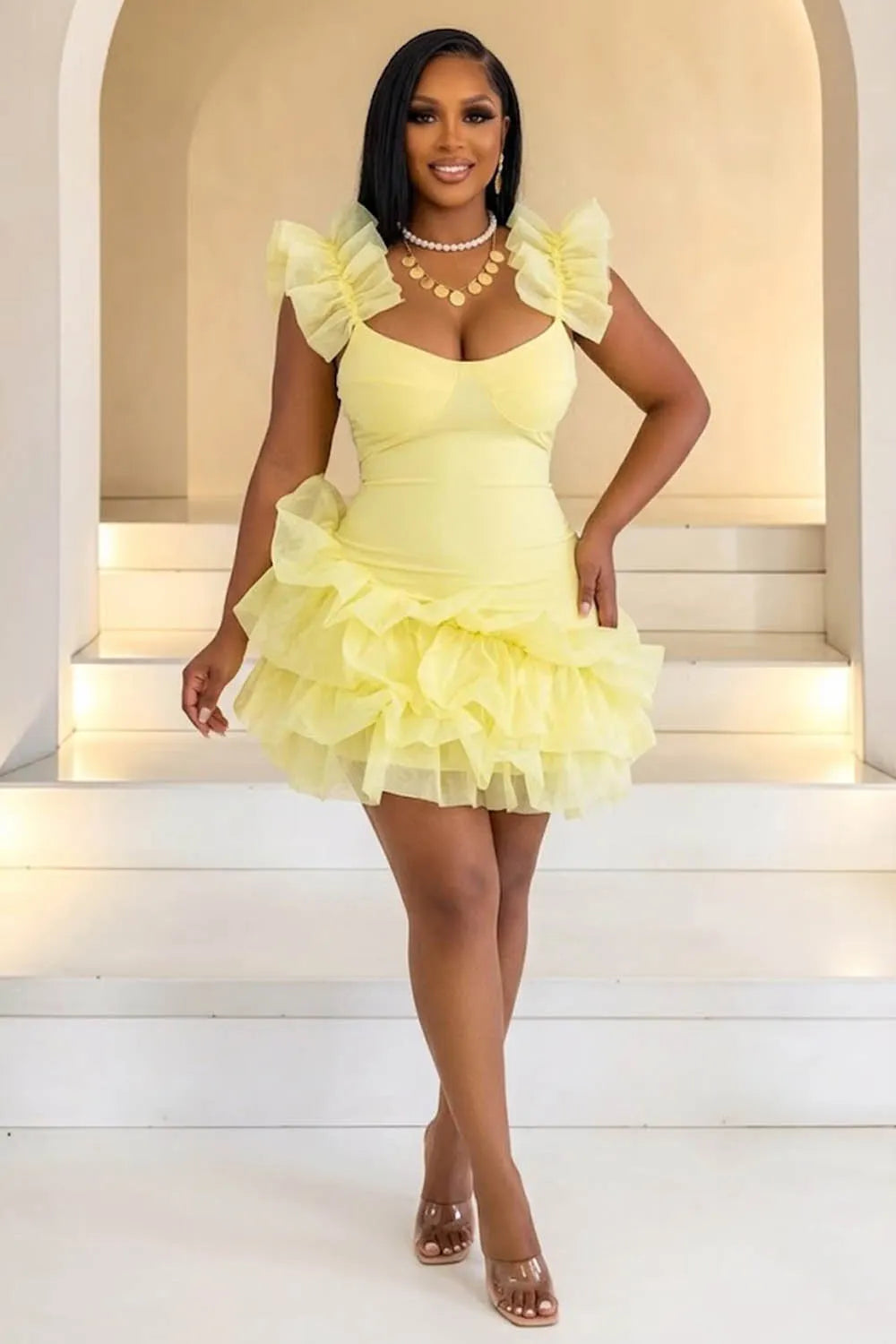 Frilled Straps Sleeveless Cinch Waist Bubble Ruffle Hem Mini Dresses-Yellow