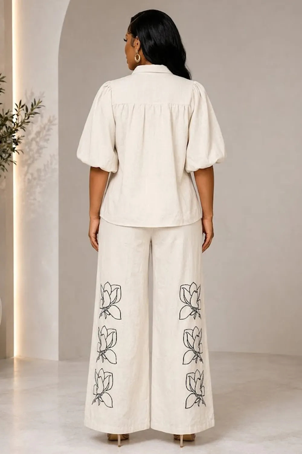 Floral Print Puff Sleeve Shirt Loose Fit Wide Leg Pants Casual 2pcs Set-Beige