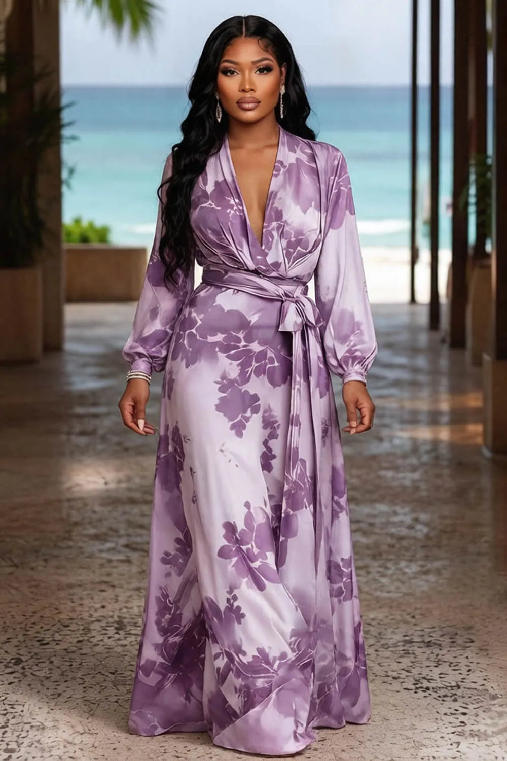 Floral Print Long Sleeve Sash Belted Wrapped Vacation Maxi Dresses-Fuchsia