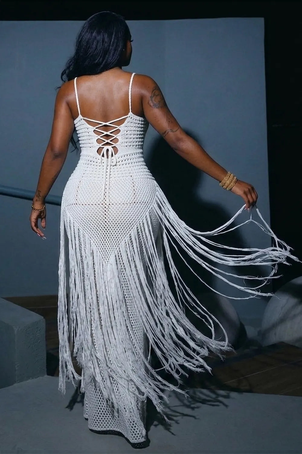 Crochet Front Cut Out Fringe Trim Vacation Maxi Dresses-White