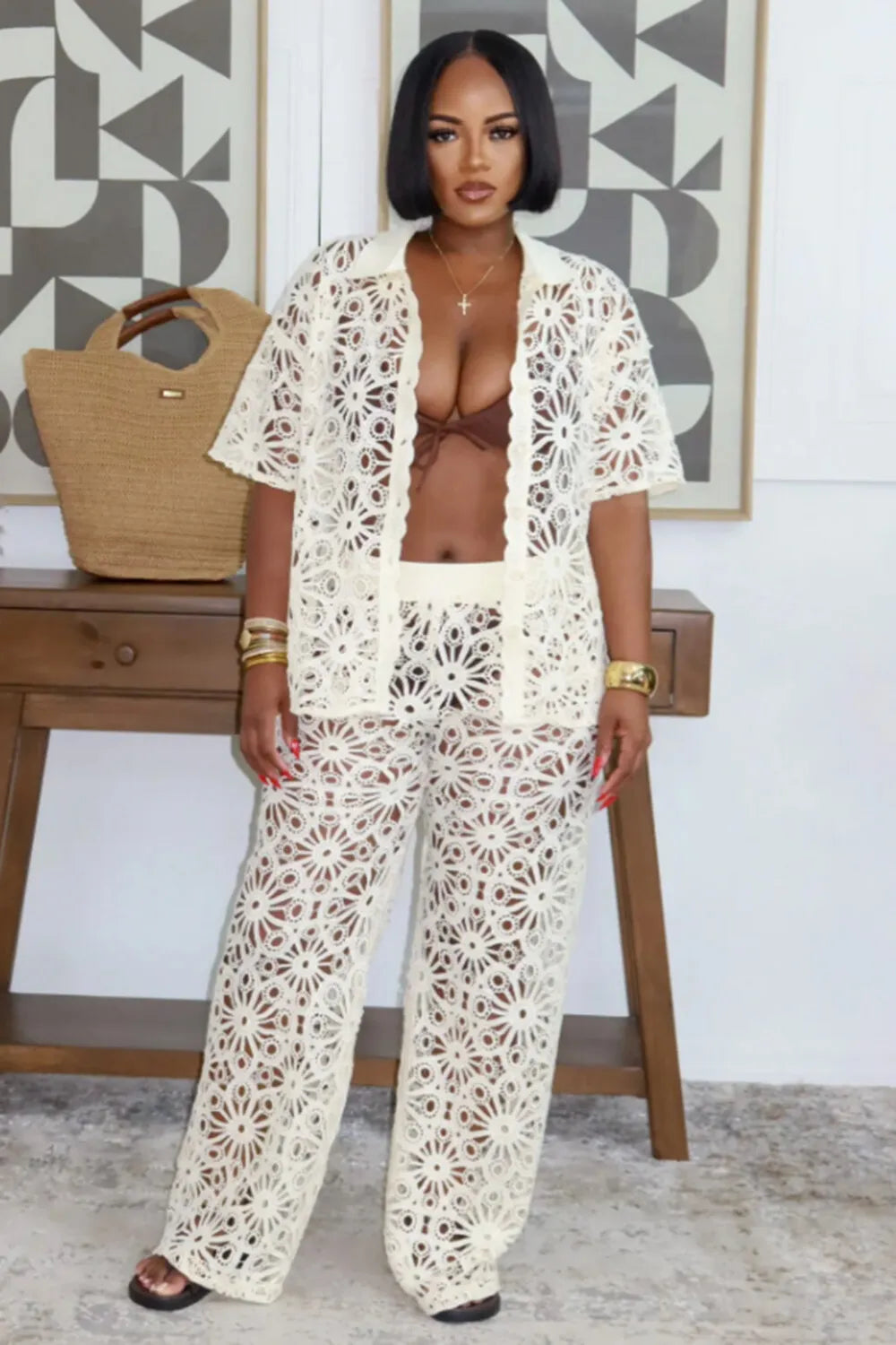 Hollow Out  Collar Top Wide Leg Pants 2pcs Set-White