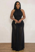 Round Neck Sleeveless Ruched Slim Fit Evening Gowns Maxi Dresses-Black