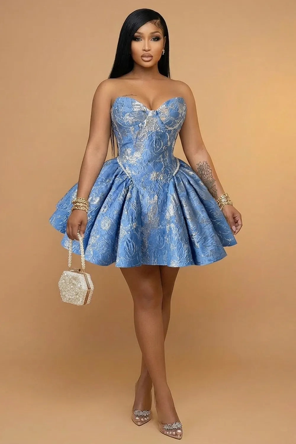 Strapless Sweetheart Neck Jacquard A-Line Gowns Mini Dresses-Blue