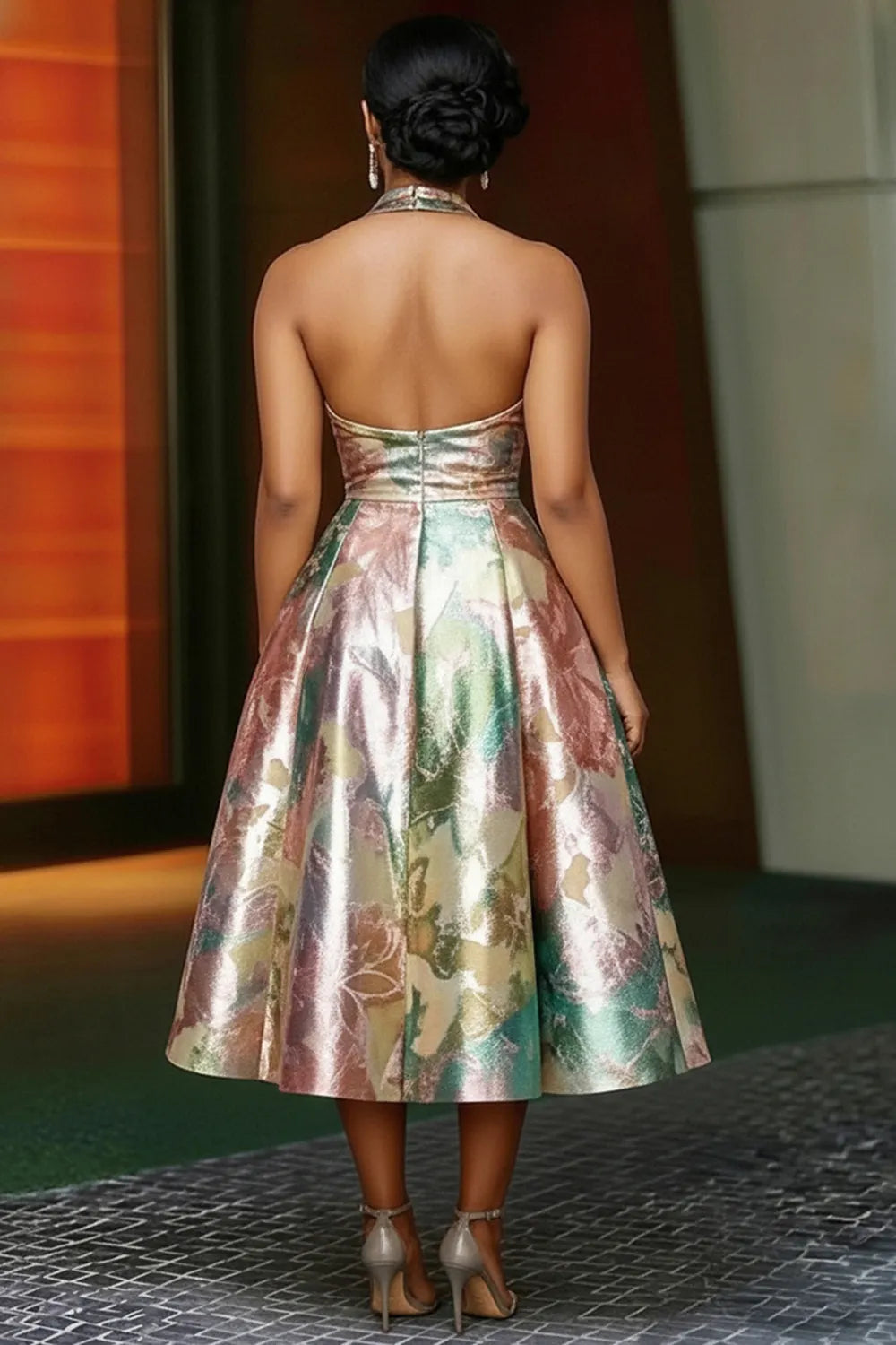 Halter Backless A-Line Bouffant Gowns Midi Dresses