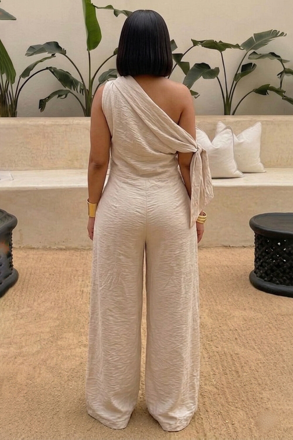One Shoulder Sash Solid Color Loose Fit Casual Jumpsuit-Beige
