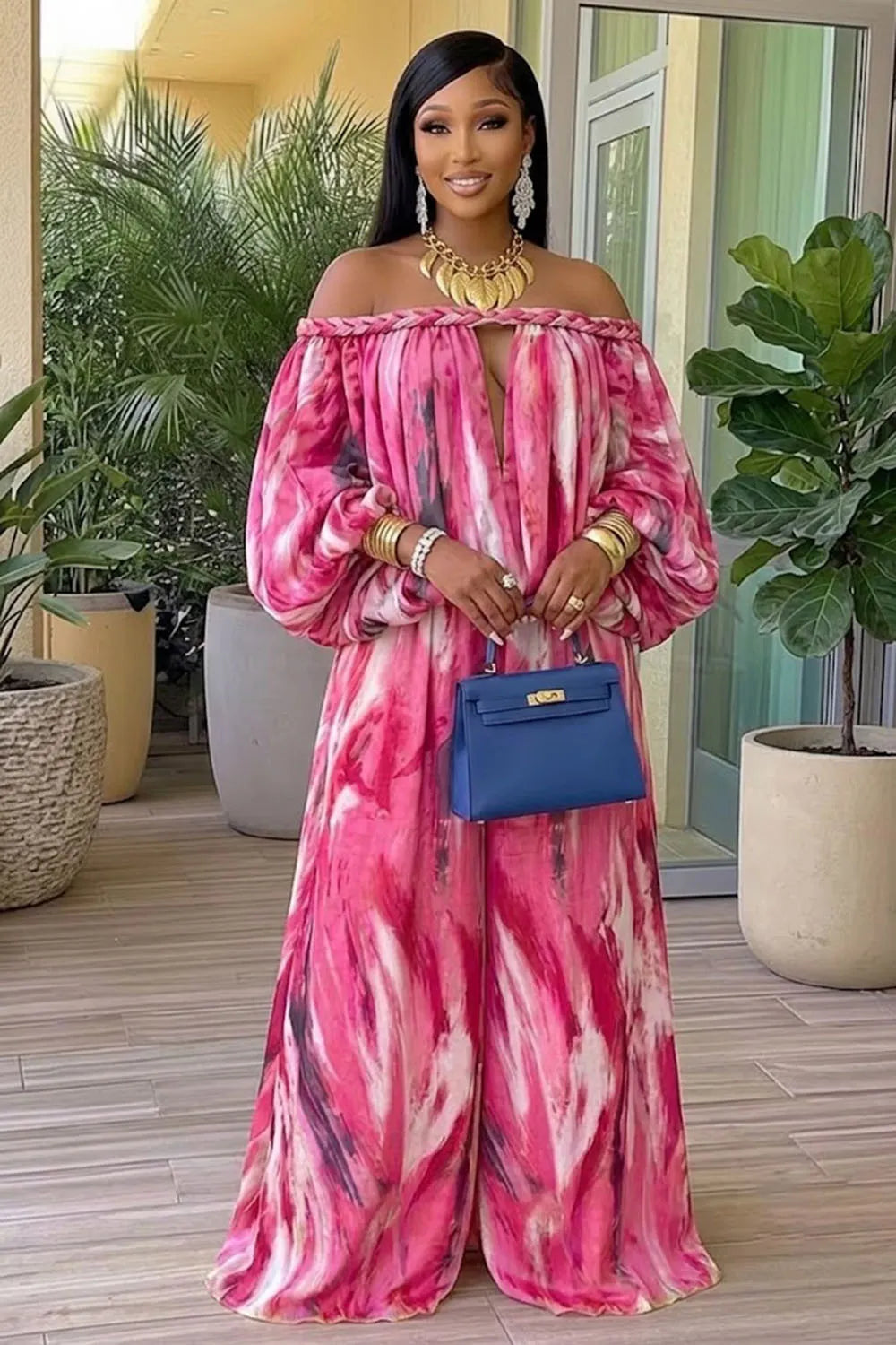 Tie Dye Braided Off Shoulder Top Wide Leg Pants 2pcs Set-Orange