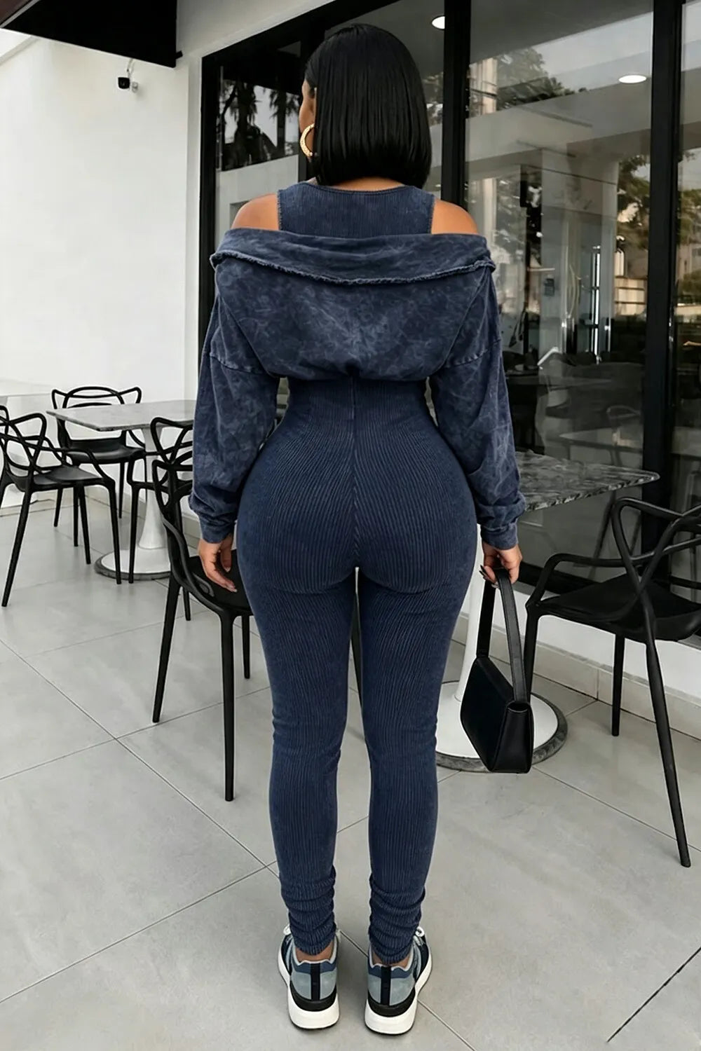 Ribbed Cold Shoulder Long Sleeve Casual Skinny Jumpsuit-Blue