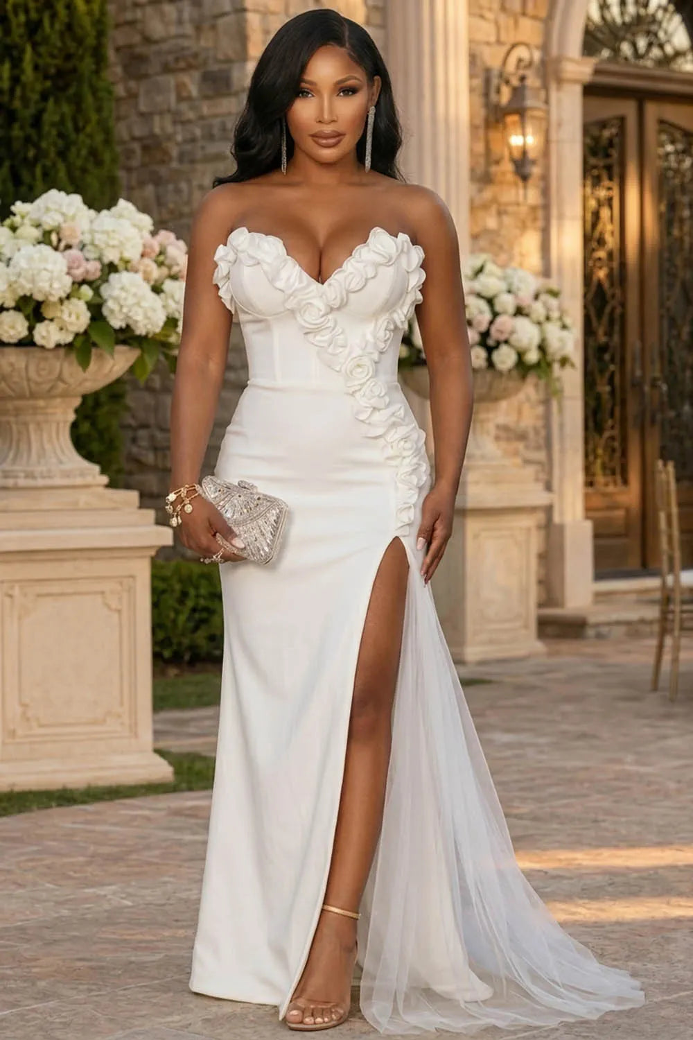 Strapless 3D Floral Side Slit Mesh Patchwork Maxi Dresses-White