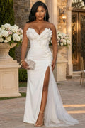 Strapless 3D Floral Side Slit Mesh Patchwork Maxi Dresses-White