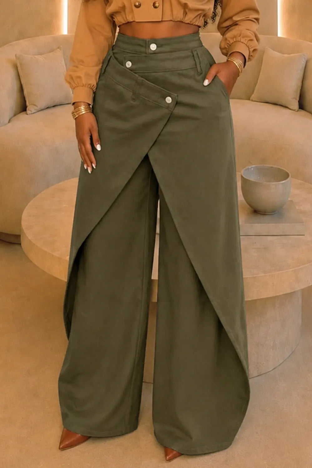 Solid Color Asymmetrical Button Overlap Wide Leg Casual Pants-Brown