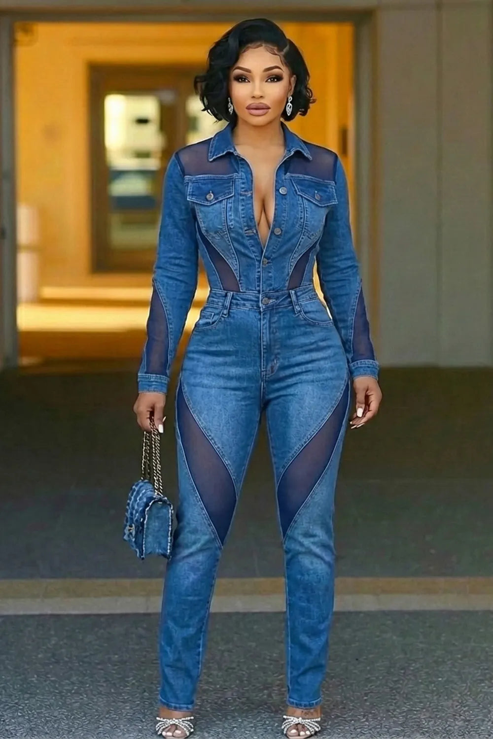 Denim  Collar Mesh Patchwork Bodycon Casual Jumpsuit-Blue