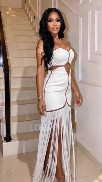Strapless Cut Out Fringe Contrast Piping Gowns Maxi Dresses-White