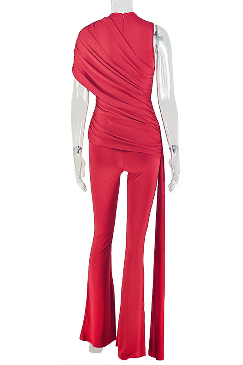 Solid Color One Shoulder Long Streamer Ruched Slim Fit Party Jumpsuit-Red