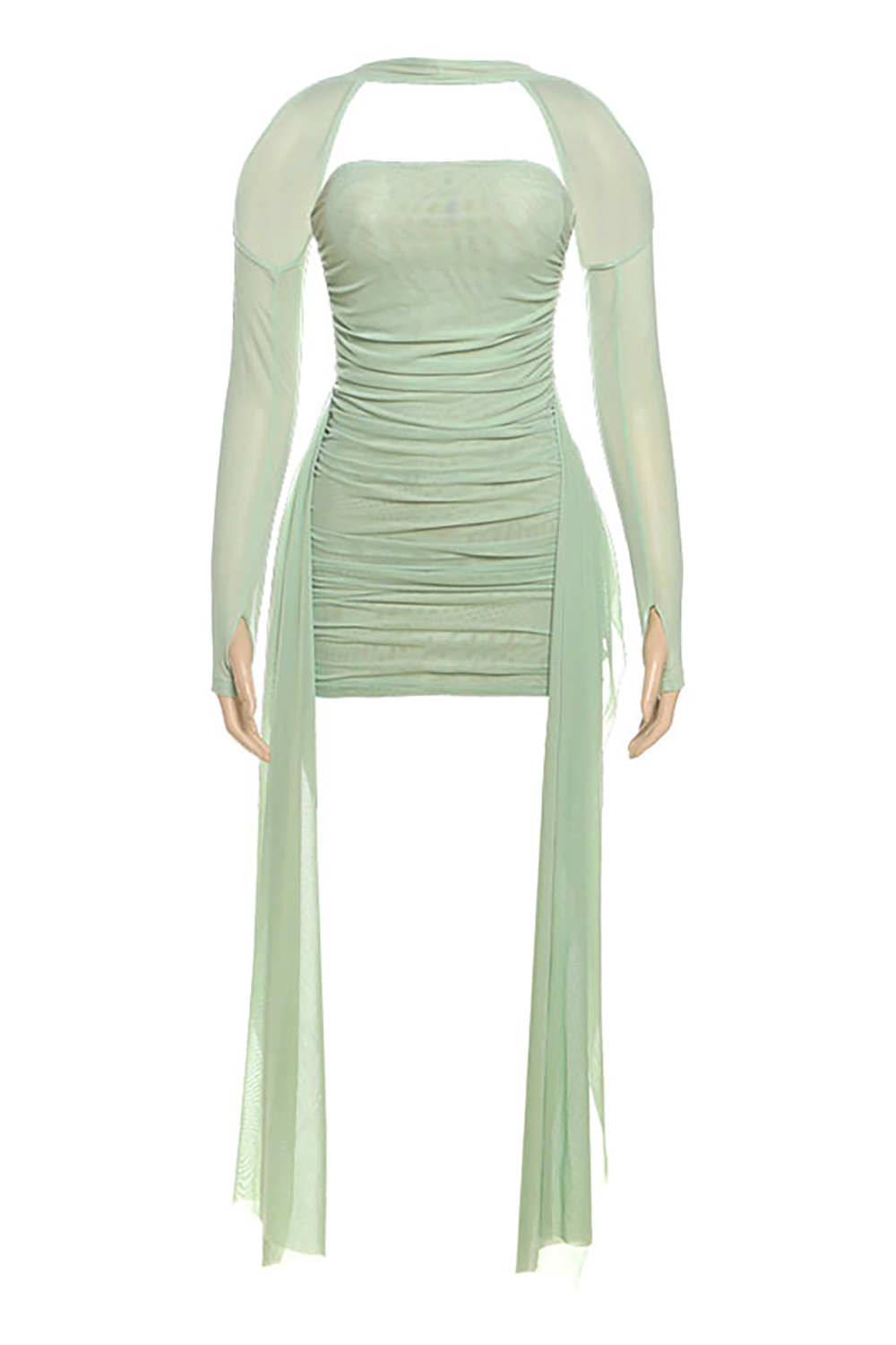 Halter Long Sleeve Solid Color Strapless Ruched Sash Mini Dresses Set-Yellow