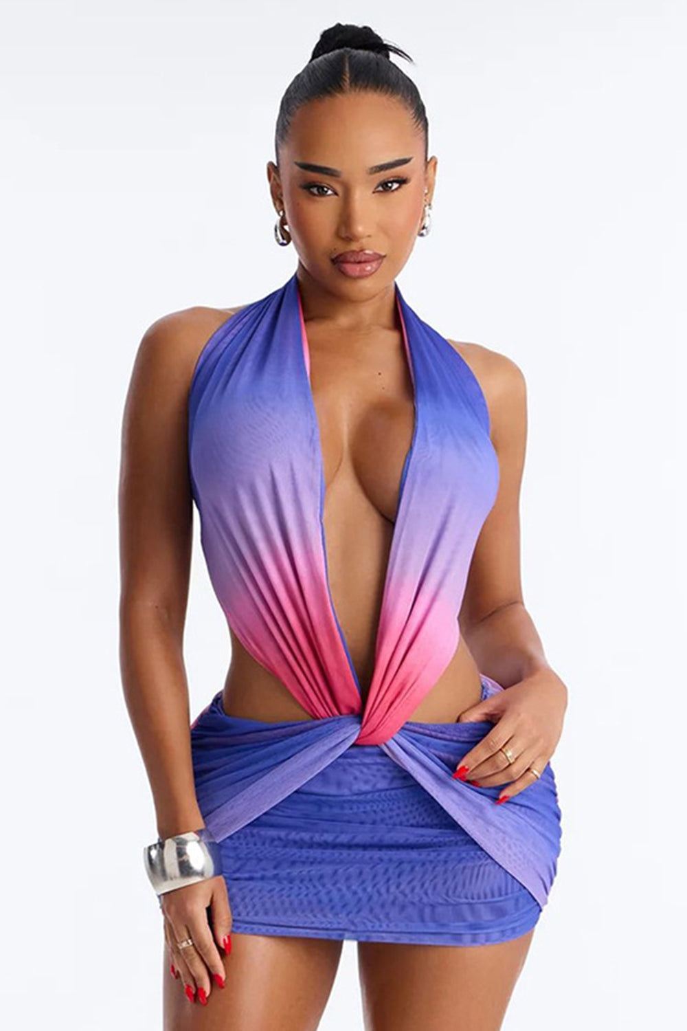 Gradient Halter Deep V Neck Backless Twisted Ruched Vacation Mini Dresses-Red