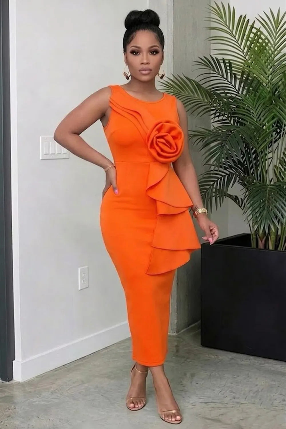 Round Neck Sleeveless 3D Flower Ruffle Trim Slim Formal Maxi Dresses-Orange