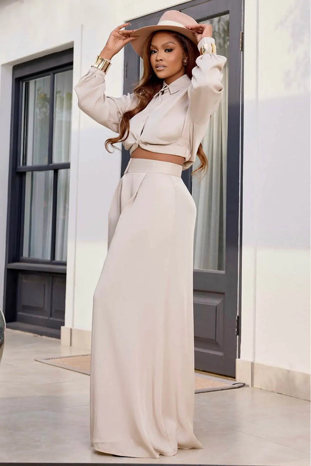 Shirt Collar Knot Hem Top Wide Leg Pants Casual 2pcs Set-Gray