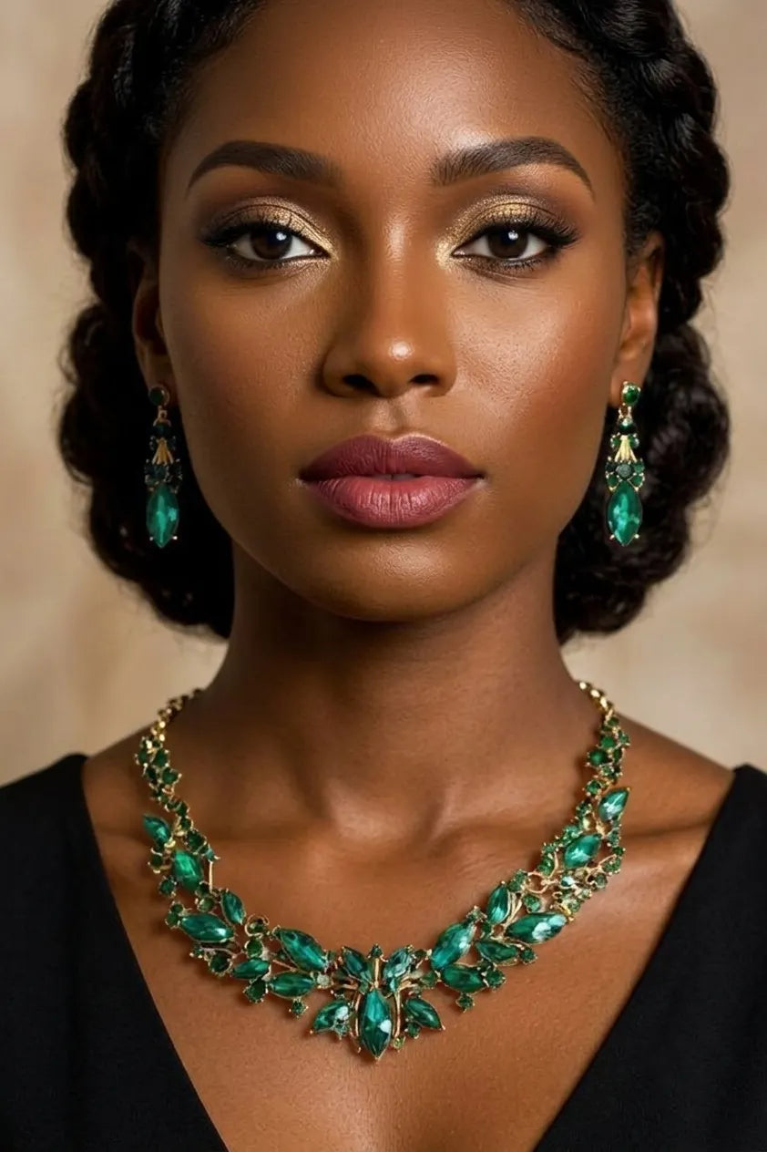 Fashion Geometric Crystal Rhinestone Necklace Earrings Prom Jewelry Set