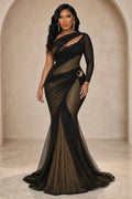 Oblique Collar Cut Out Metal Decor Mermaid Maxi Dresses-Black