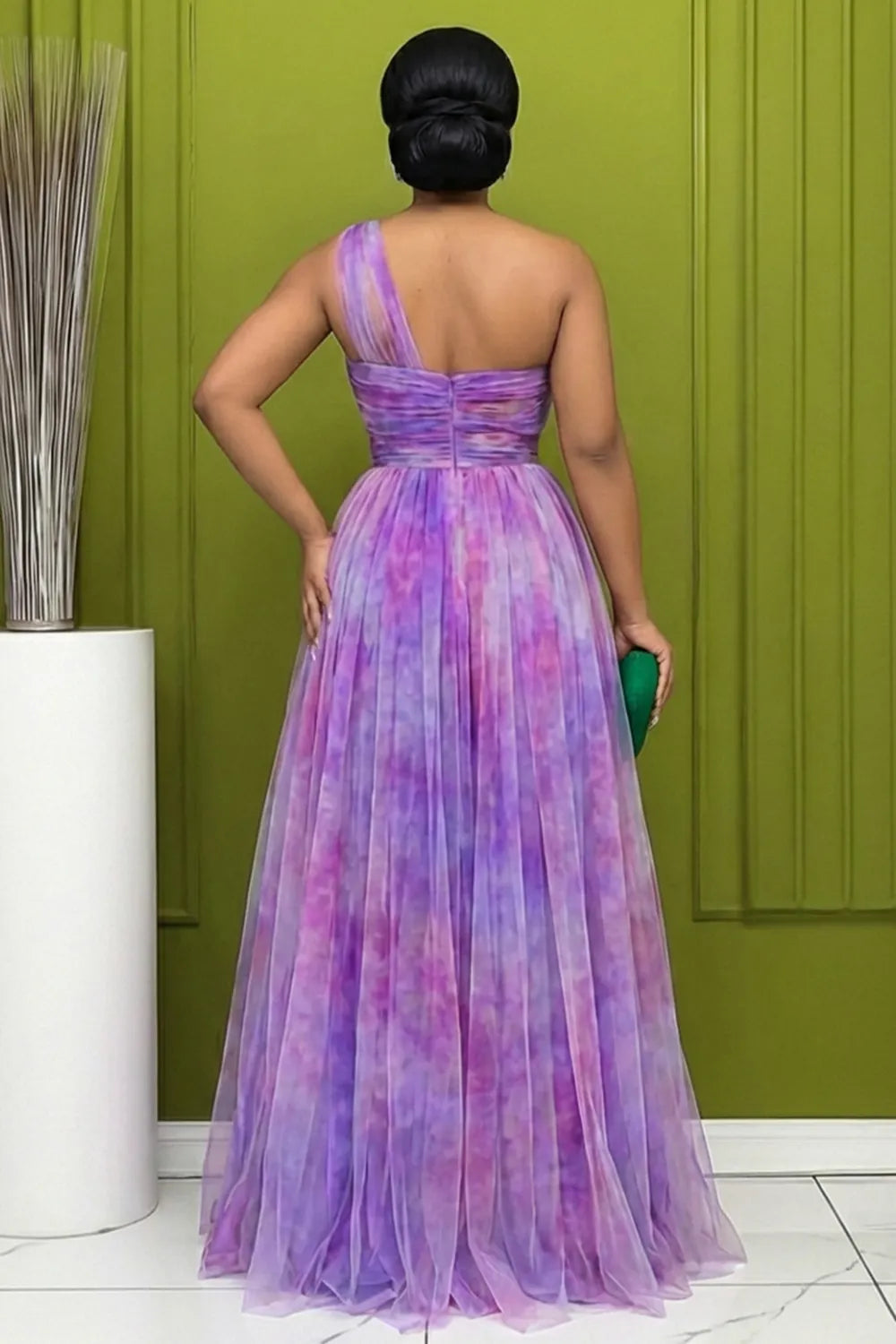 One Shoulder Cinch Waist Slit Mesh Gowns Maxi Dresses-Purple