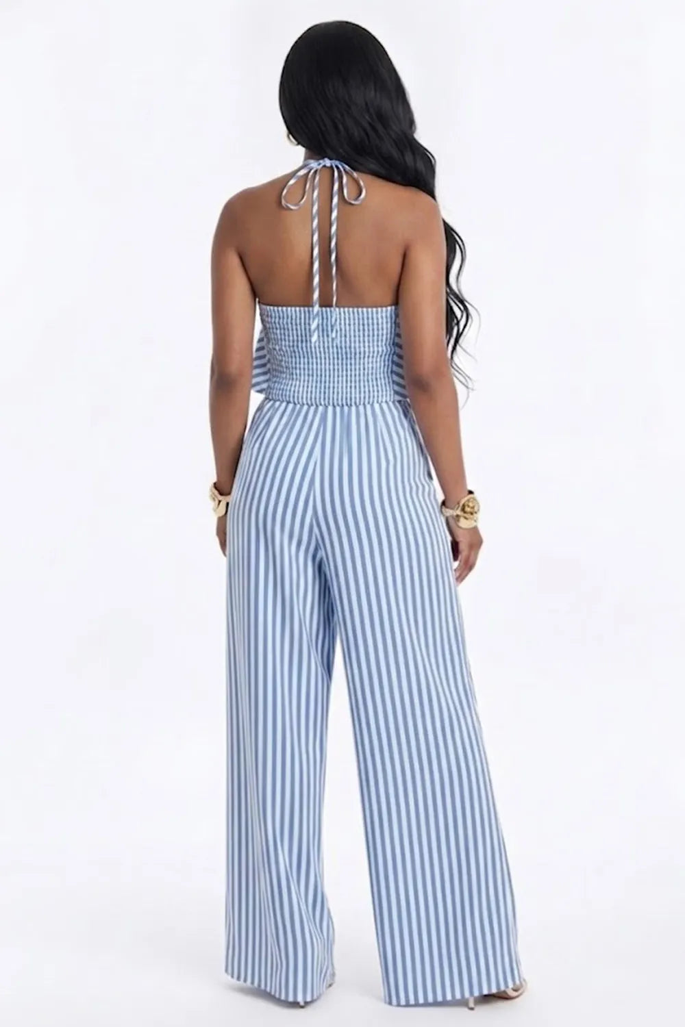 Halter Neck Stripe Print 3D Floral Smocking Ruffled Wide Leg Jumpsuit-Blue