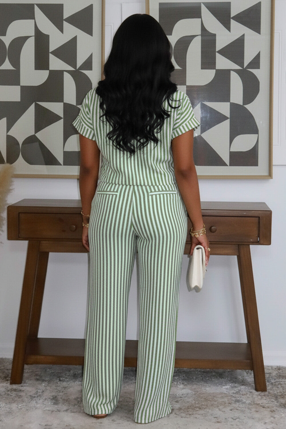 Striped Print Twisted Top Straight Leg Pants 2pcs Set-Green