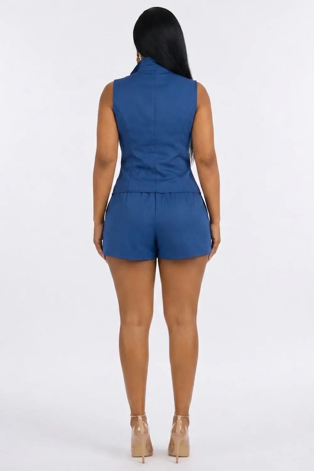 Stand Collar Sleeveless Single Breasted Top Shorts Casual 2pcs Set-Blue