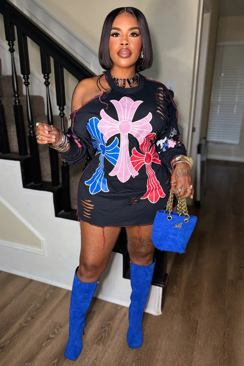 Cross Graphic Print Cut Out Long Sleeve Casual Mini Dresses-Black