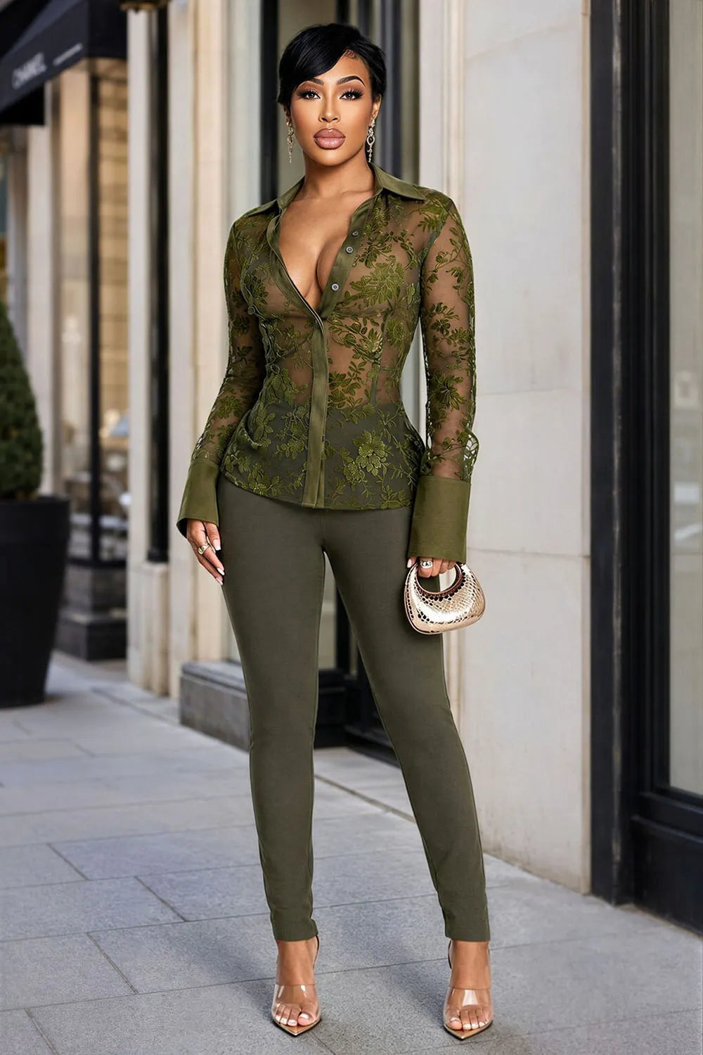 Collar Lace Long Sleeve Top Skinny Pants 2pcs Set-Green