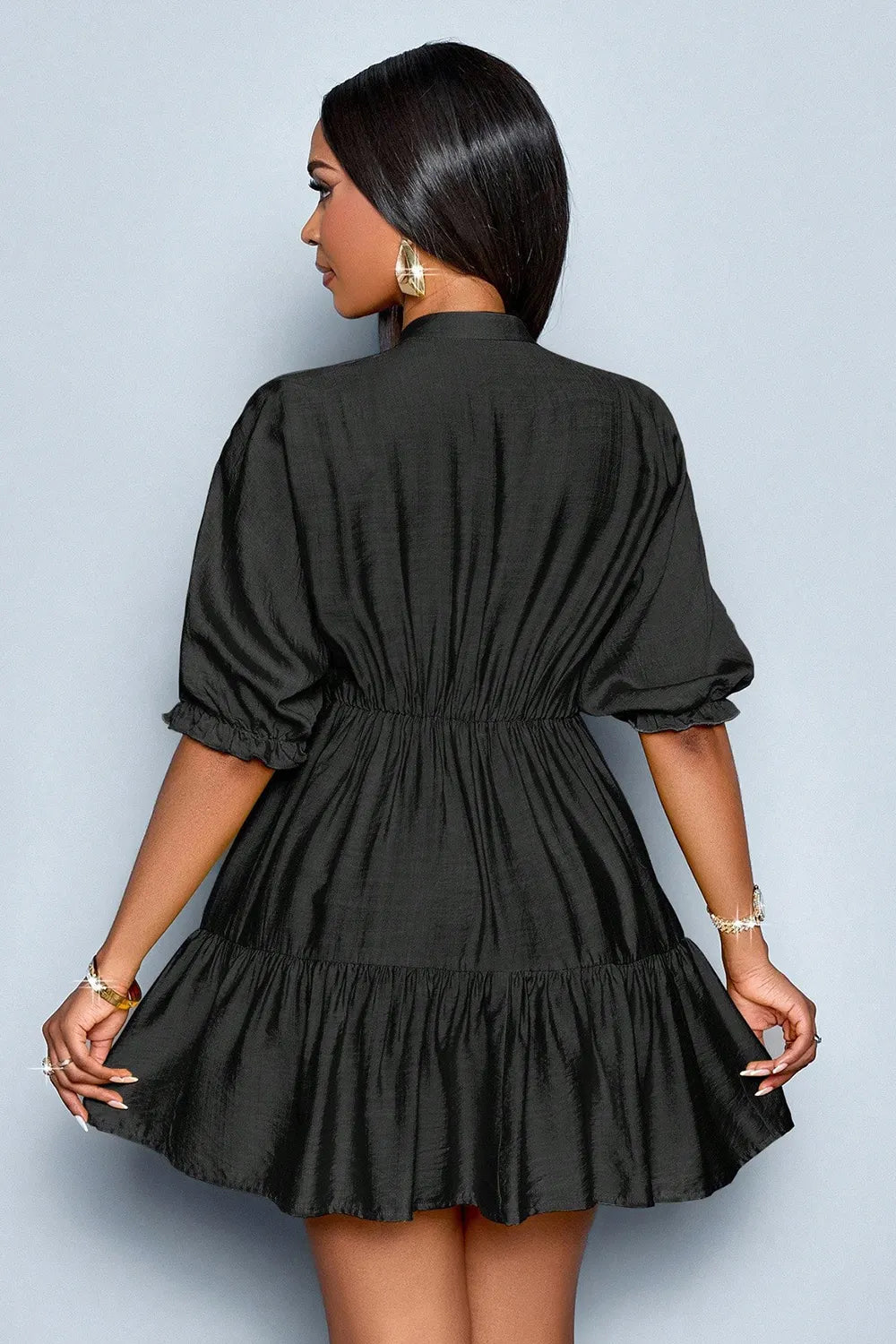 Solid Color Deep V Neck Puff Half Sleeve Tiered Party Mini Dresses-Blue