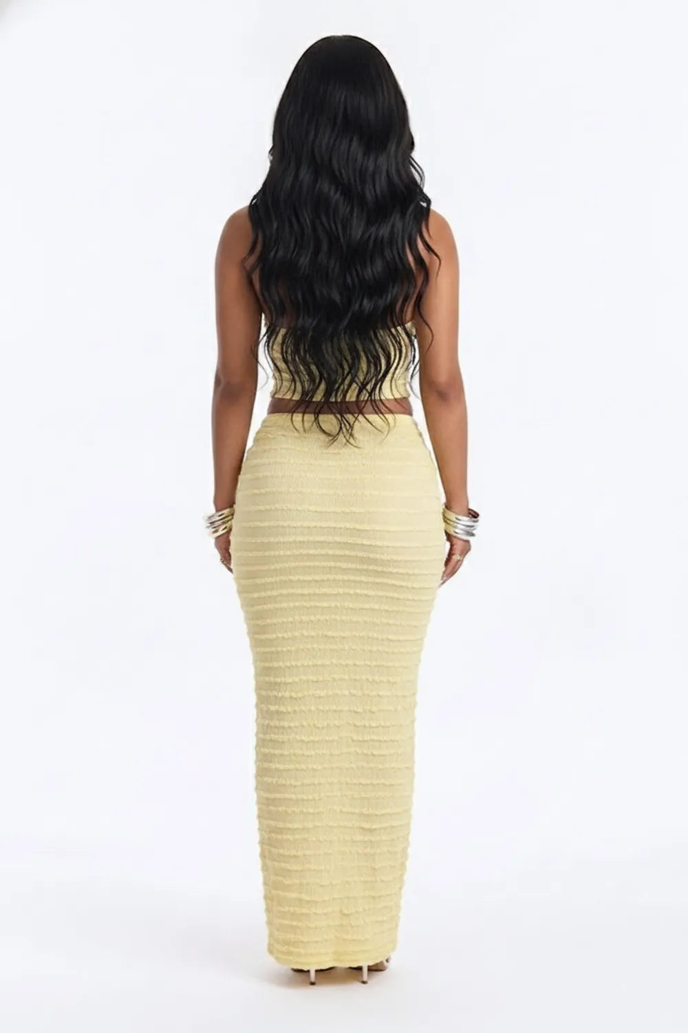Smocked Texture Halter Neck Crop Top Maxi Skirt Vacation 2pcs Set-Yellow